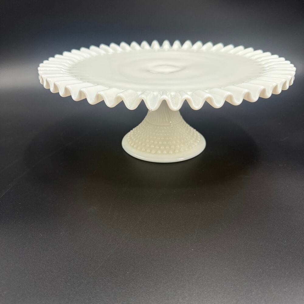 vintage Fenton white Hobnail Milk Glass round Cake Plate pedestal Stand 12.5"